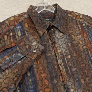 Jhane Barnes Shirt Mens Large Brown Blue Paisley Geometric Long Sleeve Elegant